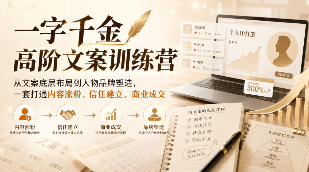 一字千金高阶文案训练营，从文案底层布局到人物品牌塑造，一套打通内容涨粉、信任建立、商业成交-副业资源站
