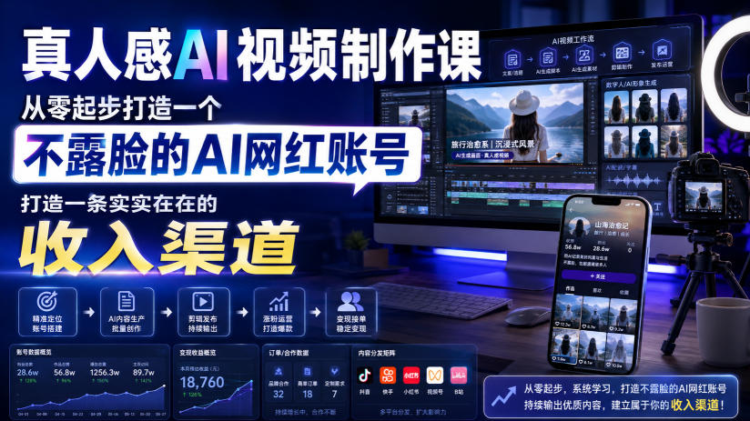 真人感AI视频制作课，从零起步打造一个不露脸的AI网红账号，打造一条实实在在的收入渠道【原创双语字幕】-副业资源站