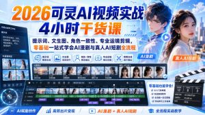 2026可灵AI视频实战4小时干货课|提示词、文生图、角色一致性、专业运镜剪辑,零基础一站式学会AI漫剧与真人AI短剧全流程-副业资源站