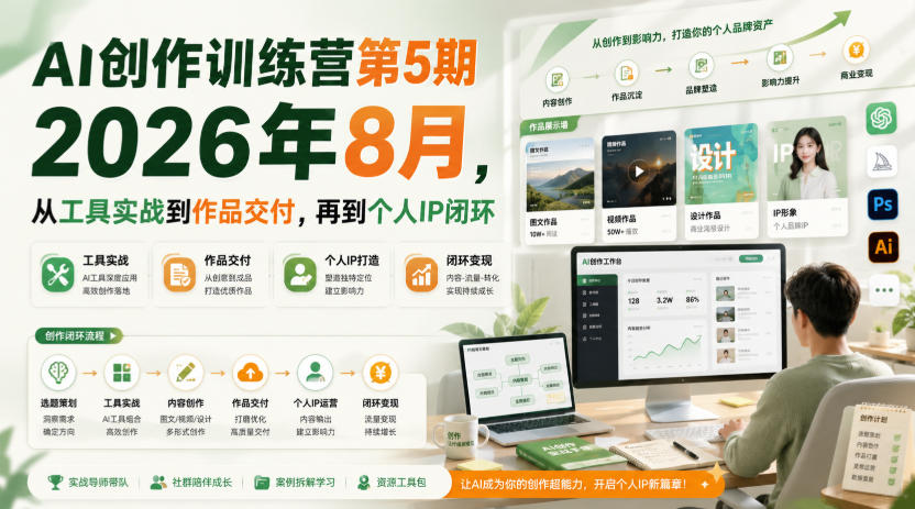 AI创作训练营第5期2026年8月，从工具实战到作品交付，再到个人IP闭环-副业资源站