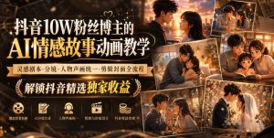 抖音10W粉丝博主的AI情感故事动画教学,灵感剧本‑分镜‑人物声画统一‑剪辑封面全流程,解锁抖音精选独家收益-副业资源站