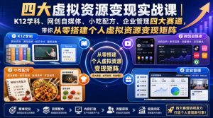 四大虚拟资源变现实战课｜K12学科、网创自媒体、小吃配方、企业管理四大赛道，带你从零搭建个人虚拟资源变现矩阵-副业资源站