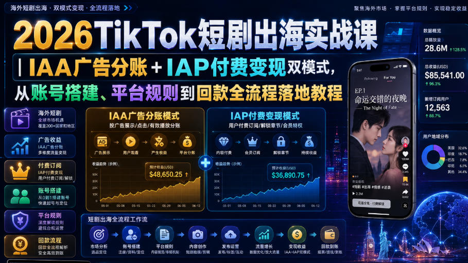 2026TikTok短剧出海实战课｜IAA广告分账+IAP付费变现双模式，从账号搭建、平台规则到回款全流程落地教程-副业资源站