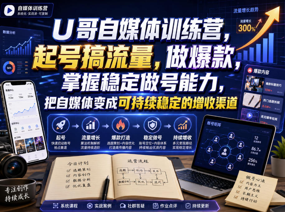 U哥自媒体训练营，起号搞流量，做爆款，掌握稳定做号能力，把自媒体变成可持续稳定的增收渠道-副业资源站