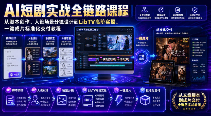 AI短剧实战全链路课程｜从脚本创作、人设场景分镜设计到LibTV高阶实操、一键成片标准化交付教程-副业资源站