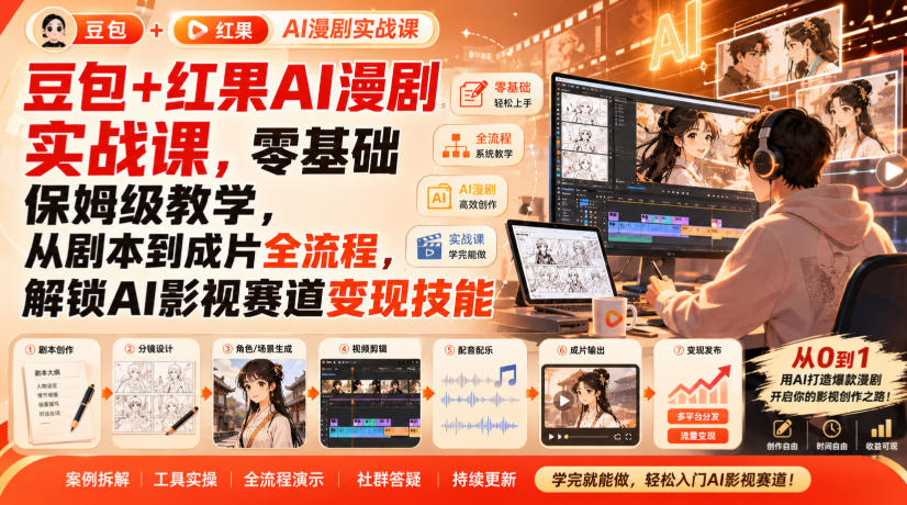 豆包+红果AI漫剧实战课，零基础保姆级教学，从剧本到成片全流程，解锁AI影视赛道变现技能-副业资源站