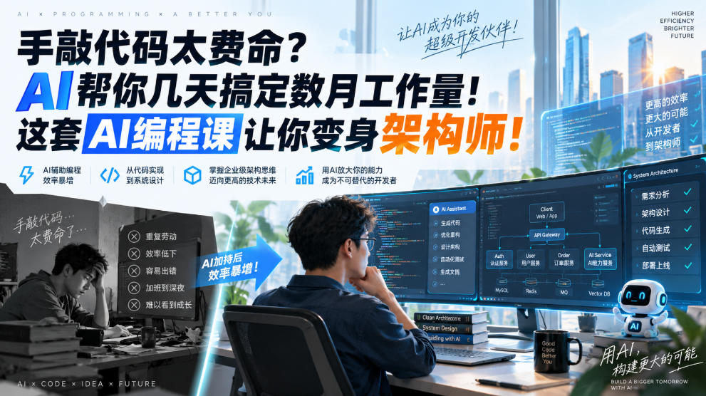 手敲代码太费命？AI帮你几天搞定数月工作量！这套AI编程课让你变身架构师！【原创双语字幕】-副业资源站
