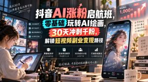 抖音AI涨粉启航班，零基础玩转AI绘画，30天冲刺千粉，解锁短视频副业变现路径-副业资源站