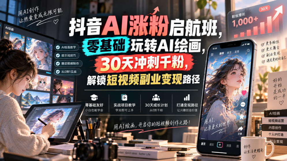 抖音AI涨粉启航班，零基础玩转AI绘画，30天冲刺千粉，解锁短视频副业变现路径-副业资源站