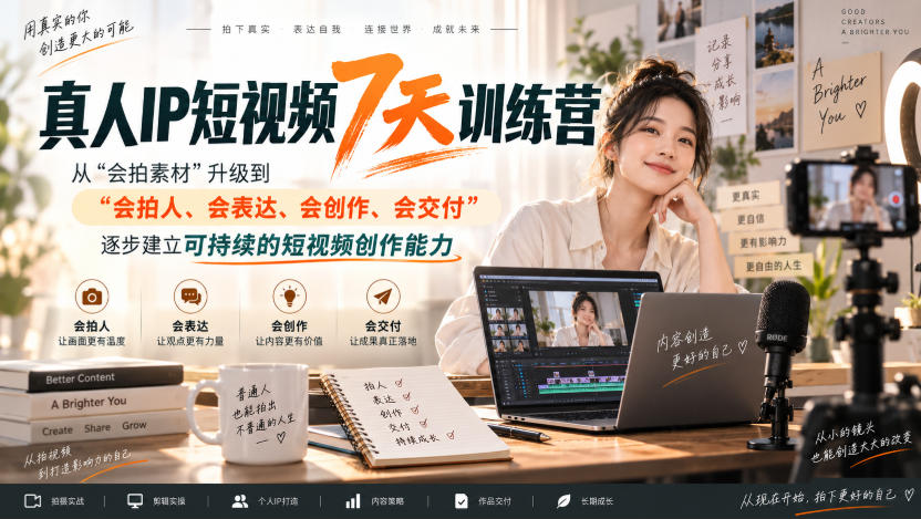 真人IP短视频7天训练营，从“会拍素材”升级到“会拍人、会表达、会创作、会交付”，逐步建立可持续的短视频创作能力-副业资源站
