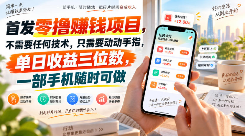 首发零撸賺钱项目，不需要任何技术，只需要动动手指，单日收益三位数，一部手机随时可做【揭秘】-副业资源站