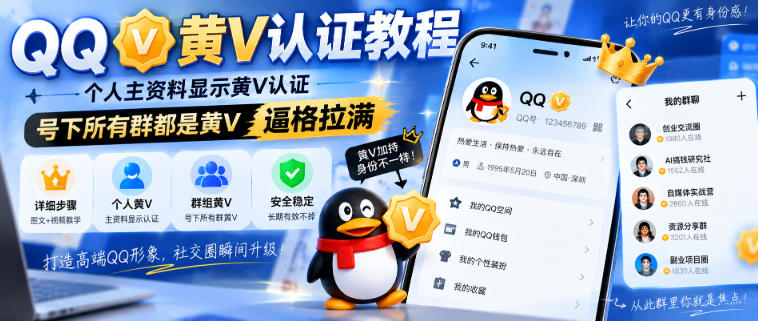 QQ黄V认证教程，个人主资料显示黄V认证，号下所有群都是黄V，逼格拉满-副业资源站