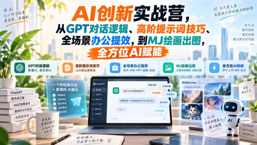 AI创新实战营，从GPT对话逻辑、高阶提示词技巧、全场景办公提效，到MJ绘画出图，全方位AI赋能-副业资源站