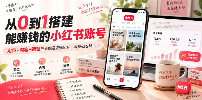 从0到1搭建能賺钱的小红书账号，定位+内容+运营三天跑通变现闭环-副业资源站