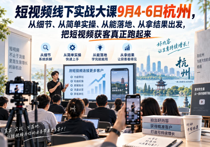 短视频线下实战大课9月4-6日杭州，从细节、从简单实操、从能落地、从拿结果出发，把短视频获客真正跑起来（更新）