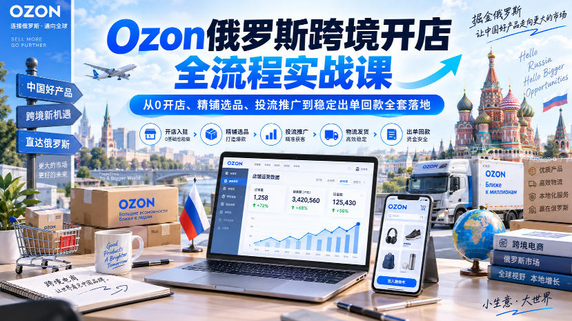 Ozon俄罗斯跨境开店全流程实战课｜从0开店、精铺选品、投流推广到稳定出单回款全套落地-副业资源站