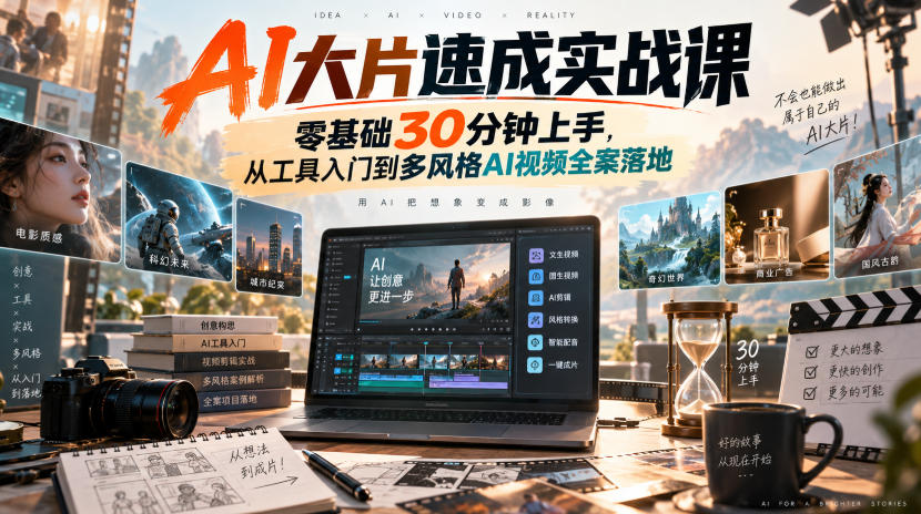 AI大片速成实战课｜零基础30分钟上手，从工具入门到多风格AI视频全案落地​-副业资源站