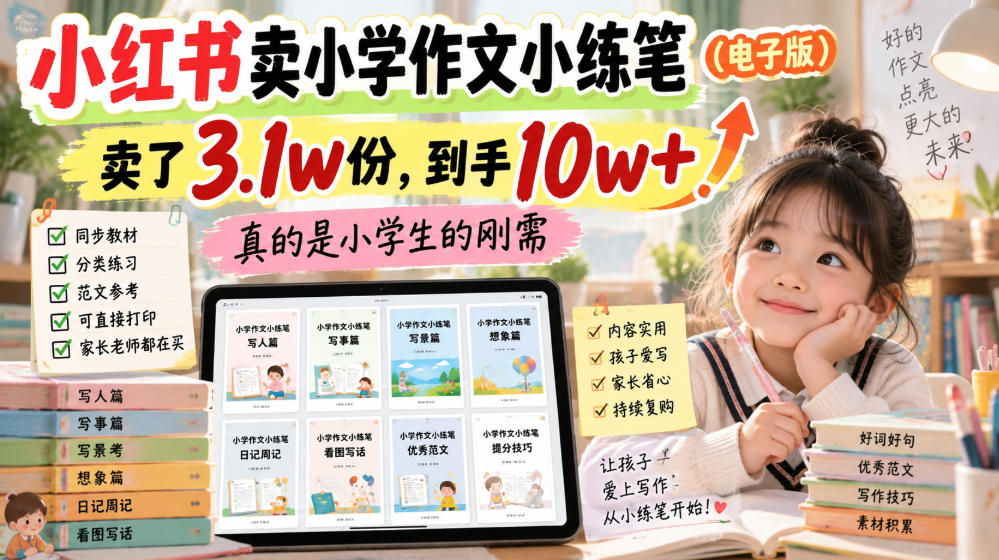 小红书卖小学作文小练笔（电子版），卖了3.1w份，到手10w+，真的是小学生的刚需-副业资源站