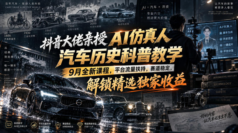 抖音大佬亲授AI仿真人汽车历史科普教学，9月全新课程，平台流量扶持，赛道稳定，解锁精选独家收益-副业资源站