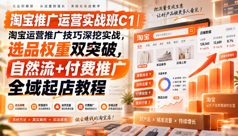 淘宝推广运营实战班C1｜淘宝运营推广技巧深挖实战，选品权重双突破，自然流+付费推广全域起店教程-副业资源站