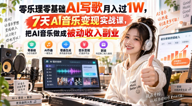 零乐理零基础AI写歌月入过1W，7天AI音乐变现实战课，把AI音乐做成被动收入副业-副业资源站