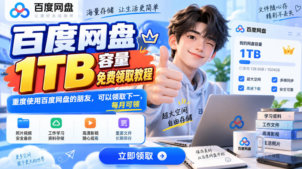 百度网盘1TB容量免费领取教程，重度使用百度网盘的朋友，可以领取下一，每月可领-副业资源站