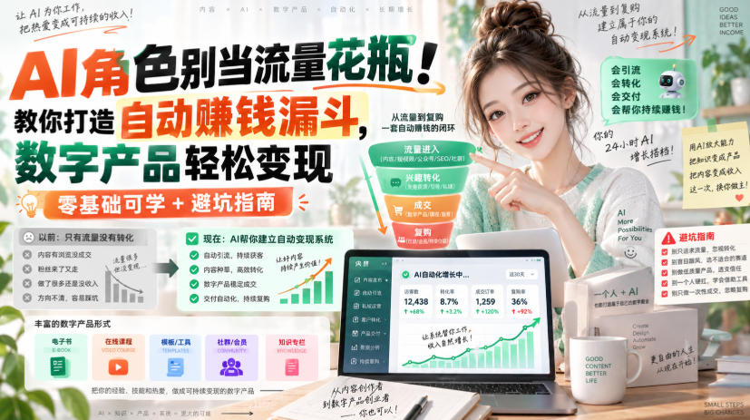 AI角色别当流量花瓶！教你打造自动賺钱漏斗，数字产品轻松变现（零基础可学+避坑指南）【原创双语字幕】-副业资源站