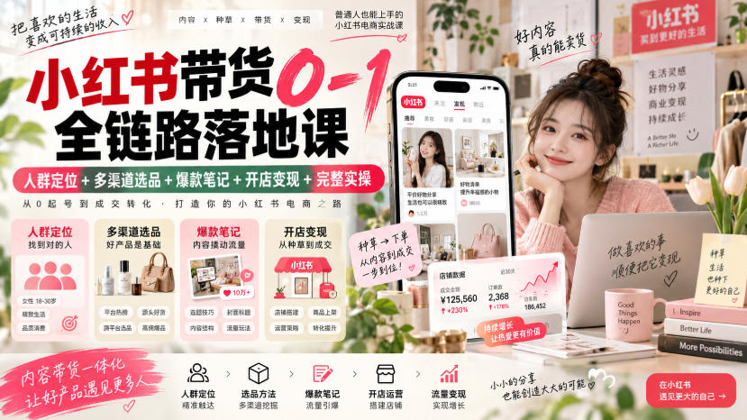 小红书带货0-1全链路落地课｜人群定位+多渠道选品+爆款笔记+开店变现完整实操-副业资源站