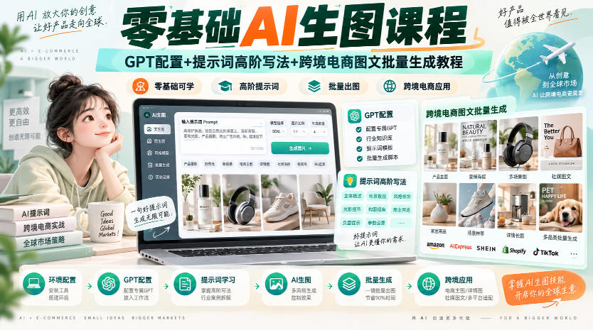 零基础AI生图课程，GPT配置+提示词高阶写法+跨境电商图文批量生成教程-副业资源站