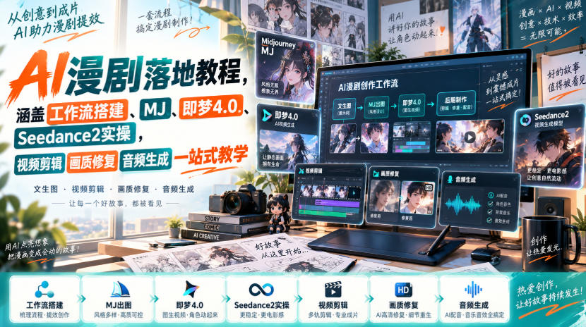 AI漫剧落地教程，涵盖工作流搭建、MJ、即梦4.0、Seedance2实操，视频剪辑画质修复音频生成一站式教学-副业资源站