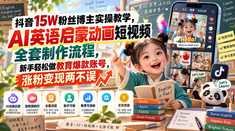 抖音15W粉丝博主实操教学，AI英语启蒙动画短视频全套制作流程，新手轻松做教育爆款账号，涨粉变现两不误-副业资源站
