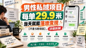 男性私域项目，每单29.9米，当天就能落地变现【不是S粉项目】，详细拆解-副业资源站