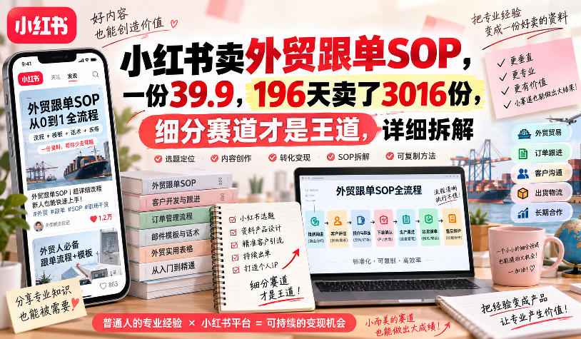 小红书卖外贸跟单sop，一份39.9，196天卖了3016份，细分赛道才是王道，详细拆解-副业资源站