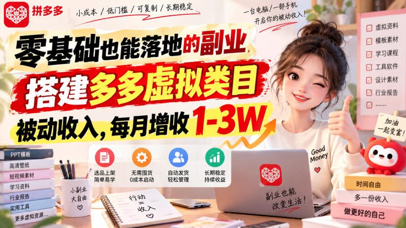 零基础也能落地的副业，搭建多多虚拟类目被动收入，每月增收1-3W【揭秘】-副业资源站