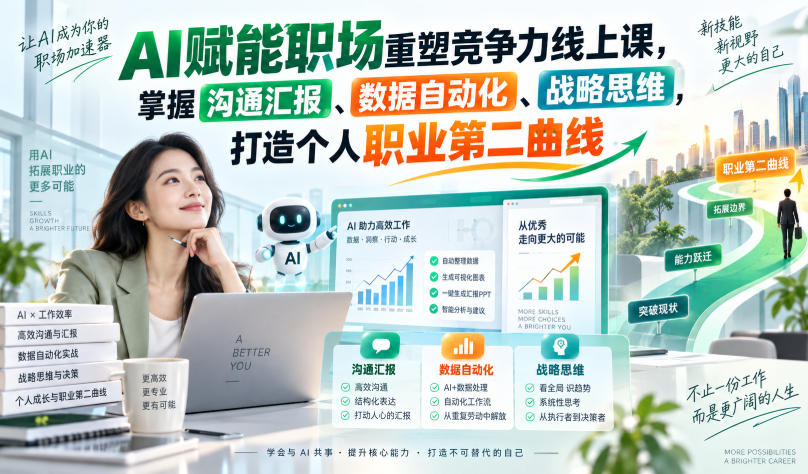 AI赋能职场重塑竞争力线上课，掌握沟通汇报、数据自动化、战略思维，打造个人职业第二曲线-副业资源站