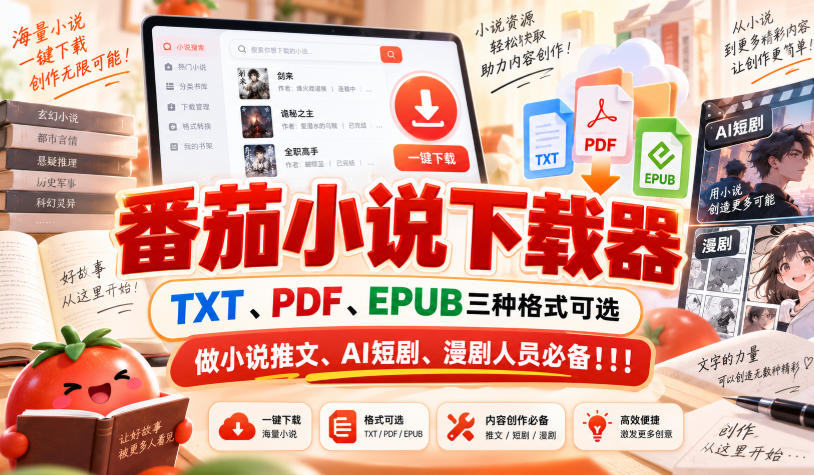 番茄小说下载器，TXT、PDF、EPUB三种格式可选，做小说推文、AI短剧、漫剧人员必备！！！-副业资源站