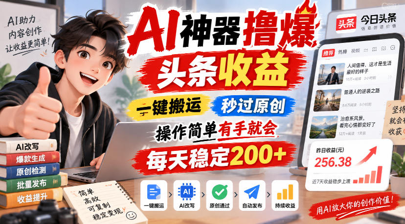 AI神器撸爆头条收益，一键搬运，秒过原创，操作简单有手就会，每天稳定200+【揭秘】-副业资源站