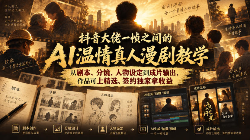 抖音大佬一帧之间的AI温情真人漫剧教学，从剧本、分镜、人物设定到成片输出，作品可上精选、签约独家拿收益-副业资源站