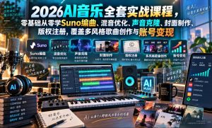 2026AI音乐实战课程，零基础从零学Suno编曲、混音优化、声音克隆、版权注册，覆盖多风格歌曲创作与账号变现-副业资源站