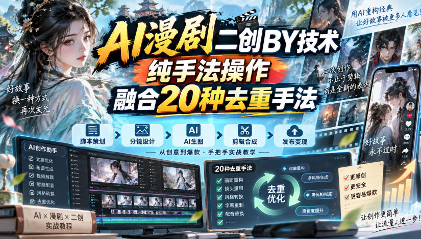 AI漫剧二创搬运技术，纯手法操作，融合20种去重手法-副业资源站
