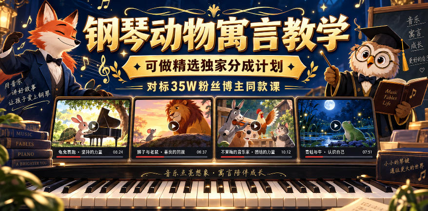 钢琴动物寓言教学，可做精选独家分成计划，对标35W粉丝博主同款课-副业资源站