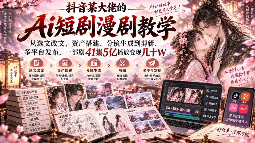 抖音某大佬的Ai短剧漫剧教学，从选文改文、资产搭建、分镜生成到剪辑、多平台发布，一部剧41集5亿播放变现几十W-副业资源站