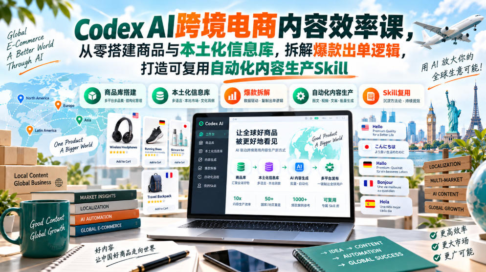 Codex AI跨境电商内容效率课，从零搭建商品与本土化信息库，拆解爆款出单逻辑，打造可复用自动化内容生产Skill-副业资源站