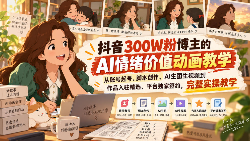 抖音300W粉博主的AI情绪价值动画教学，从账号起号、脚本创作、AI生图生视频到作品入驻精选、平台独家签约，完整实操-副业资源站