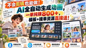不会剪辑也能做！AI全自动生成动画，一单纯賺800+，模板+接单资源直接送！【揭秘】-副业资源站