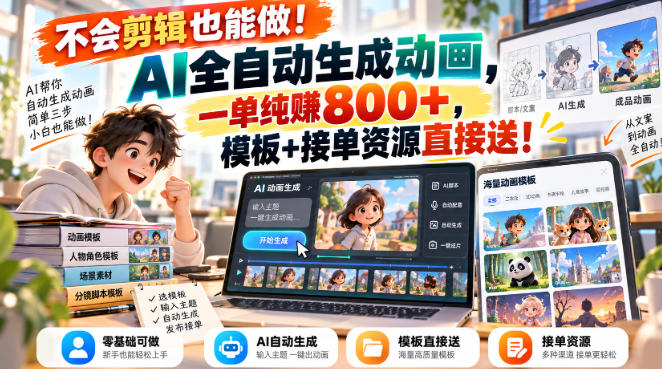 不会剪辑也能做！AI全自动生成动画，一单纯賺800+，模板+接单资源直接送！【揭秘】-副业资源站