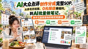 【无水印】AI大众点评创作分成完整SOP,从养号开权限、0元探店薅福利,到AI批量做笔记,新手可直接落地的稳定轻副业-副业资源站