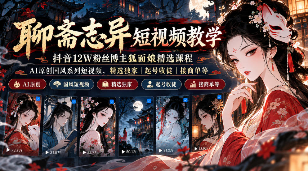 聊斋志异短视频教学，抖音12W粉丝博主狐面娘精选课程，AI原创国风系列短视频，精选独家丨起号收徒丨接商单等-副业资源站