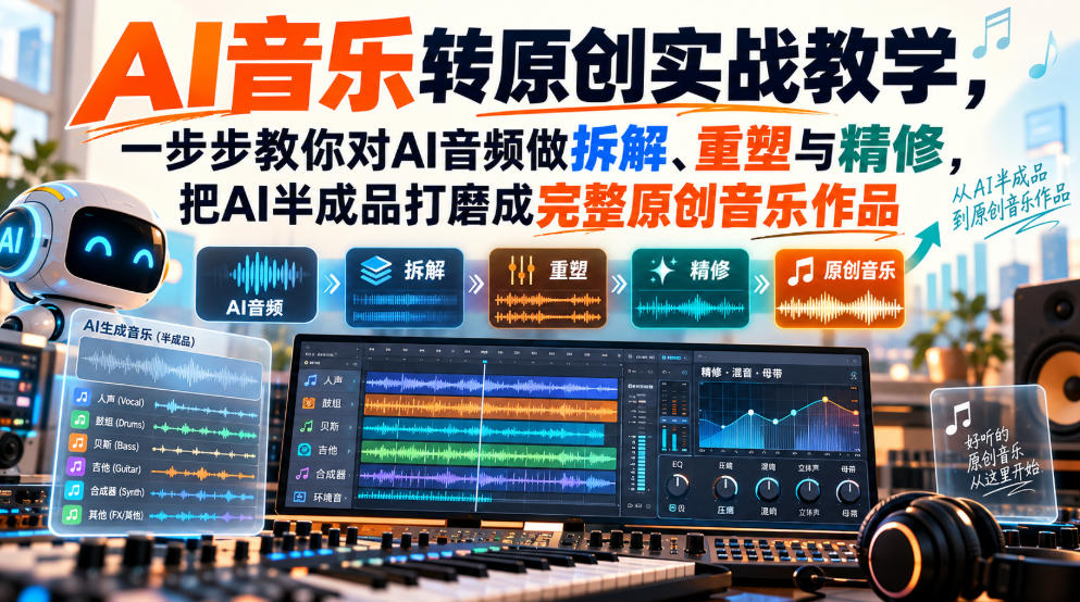 AI音乐转原创实战教学，一步步教你对AI音频做拆解、重塑与精修，把AI半成品打磨成完整原创音乐作品-副业资源站