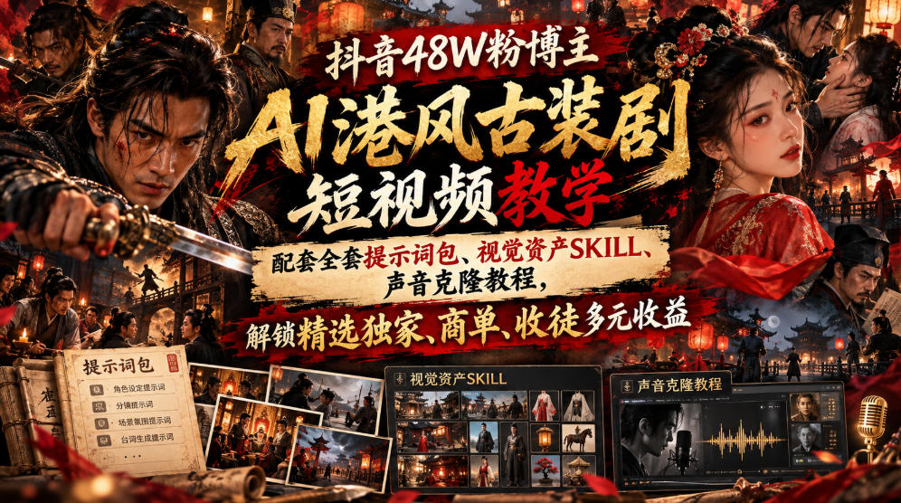 抖音48W粉博主AI港风古装剧短视频教学，配套全套提示词包、视觉资产SKILL、声音克隆教程，解锁精选独家、商单、收徒多元收益-副业资源站